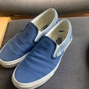 Blue on blue Vans slip ons
